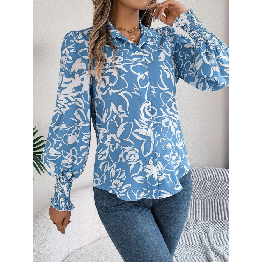 Printed Collared Neck Lantern Sleeve Shirt Apparel and Accessories