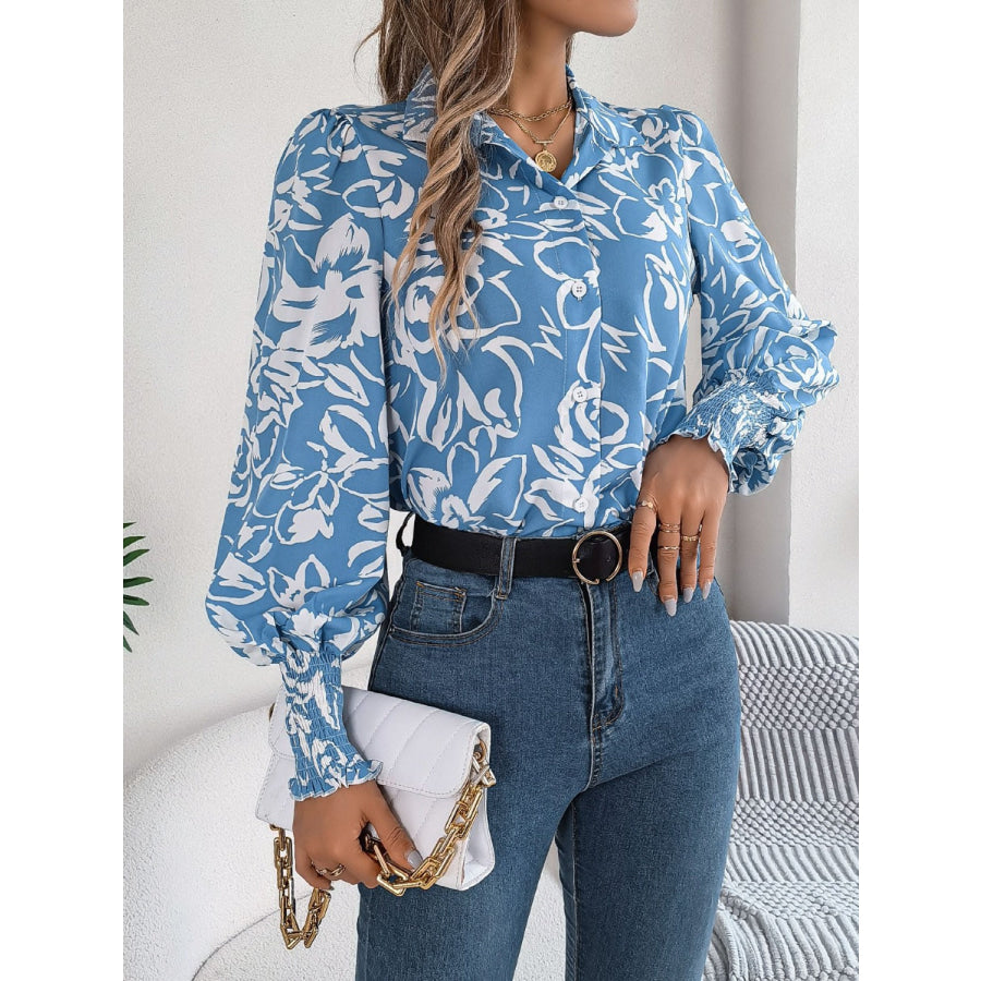 Printed Collared Neck Lantern Sleeve Shirt Apparel and Accessories
