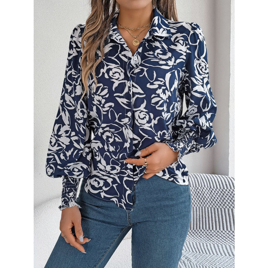 Printed Collared Neck Lantern Sleeve Shirt Apparel and Accessories