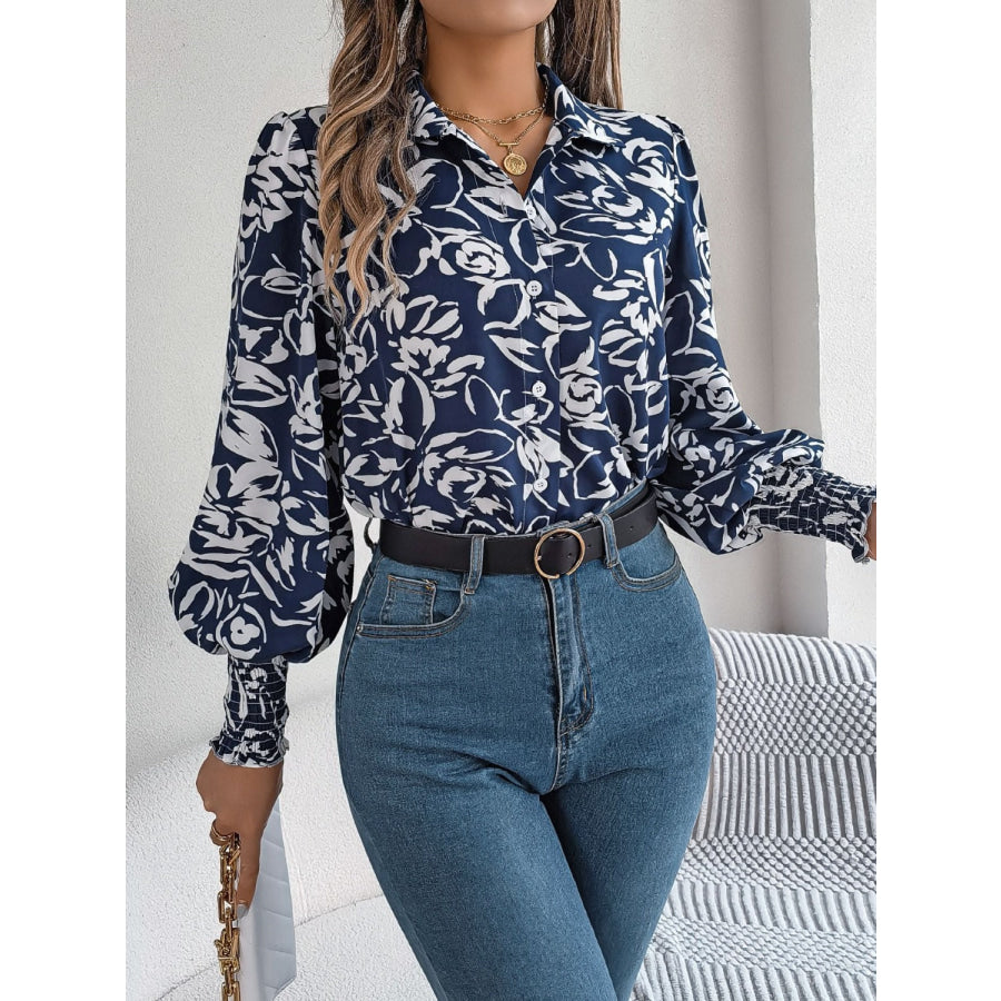 Printed Collared Neck Lantern Sleeve Shirt Apparel and Accessories