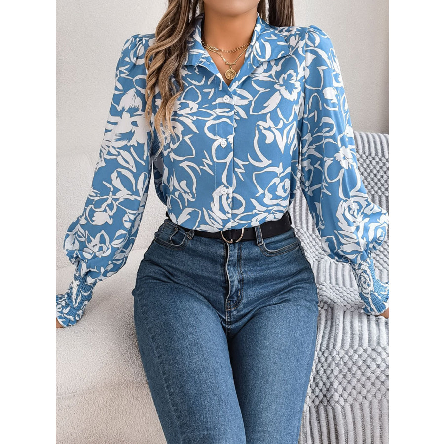 Printed Collared Neck Lantern Sleeve Shirt Apparel and Accessories