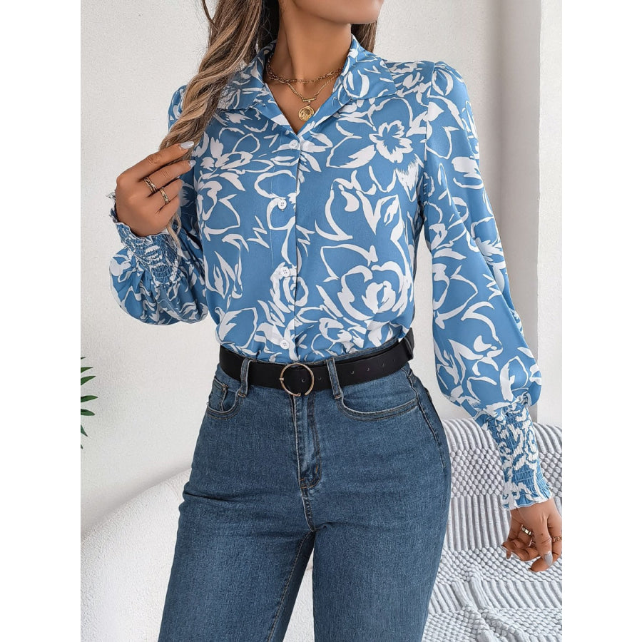 Printed Collared Neck Lantern Sleeve Shirt Apparel and Accessories