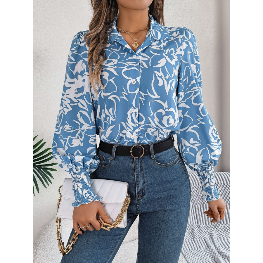Printed Collared Neck Lantern Sleeve Shirt Light Blue / S Apparel and Accessories
