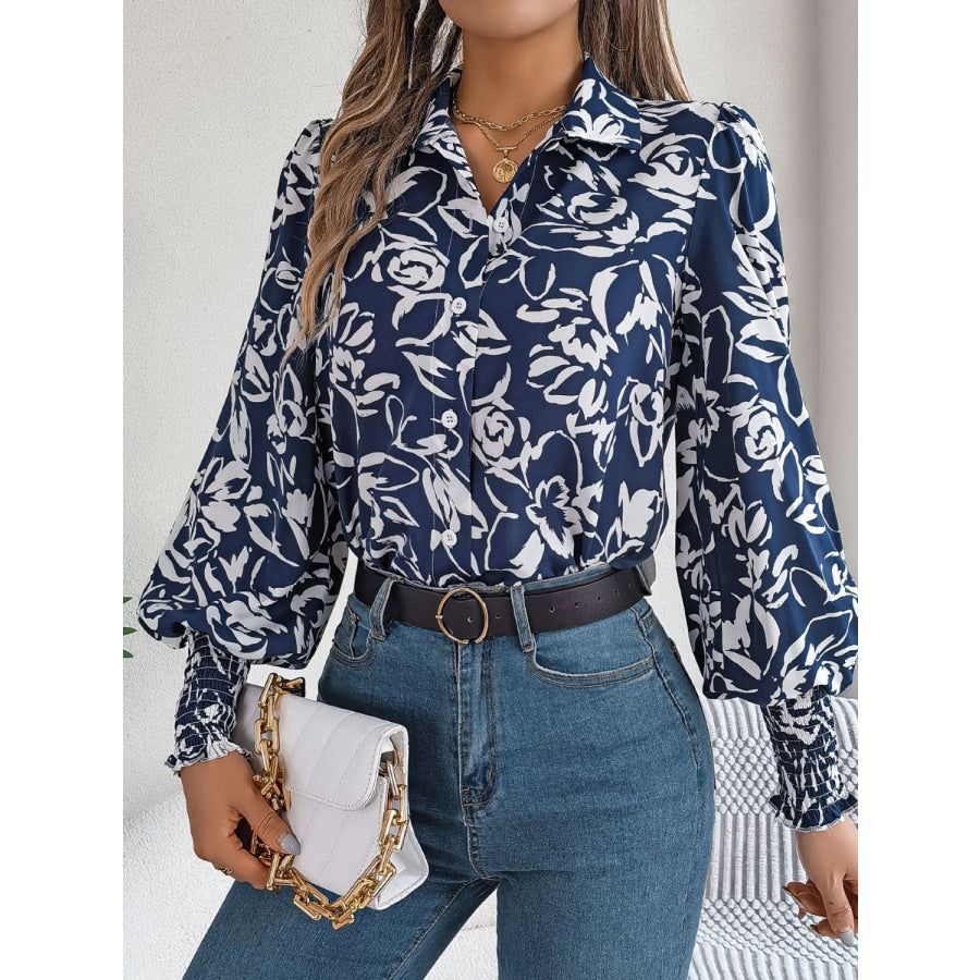 Printed Collared Neck Lantern Sleeve Shirt Navy / S Apparel and Accessories