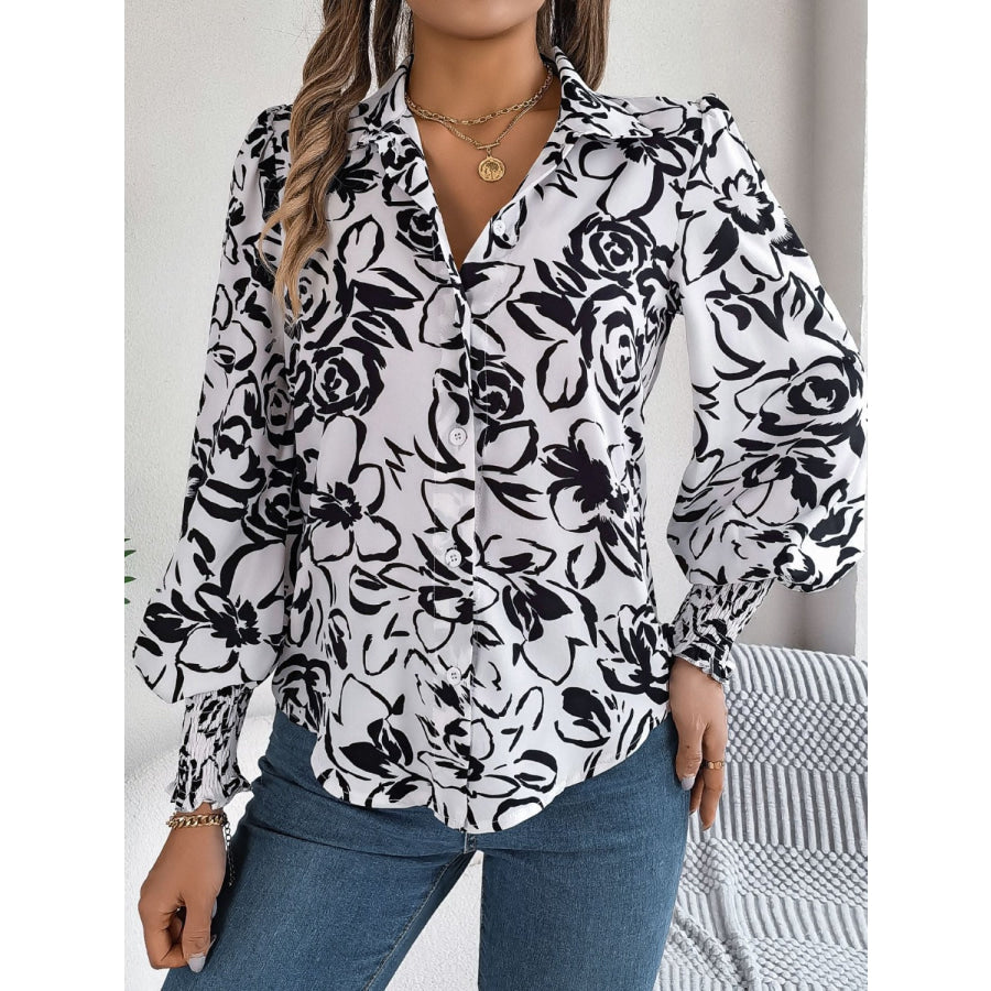 Printed Collared Neck Lantern Sleeve Shirt White / S Apparel and Accessories