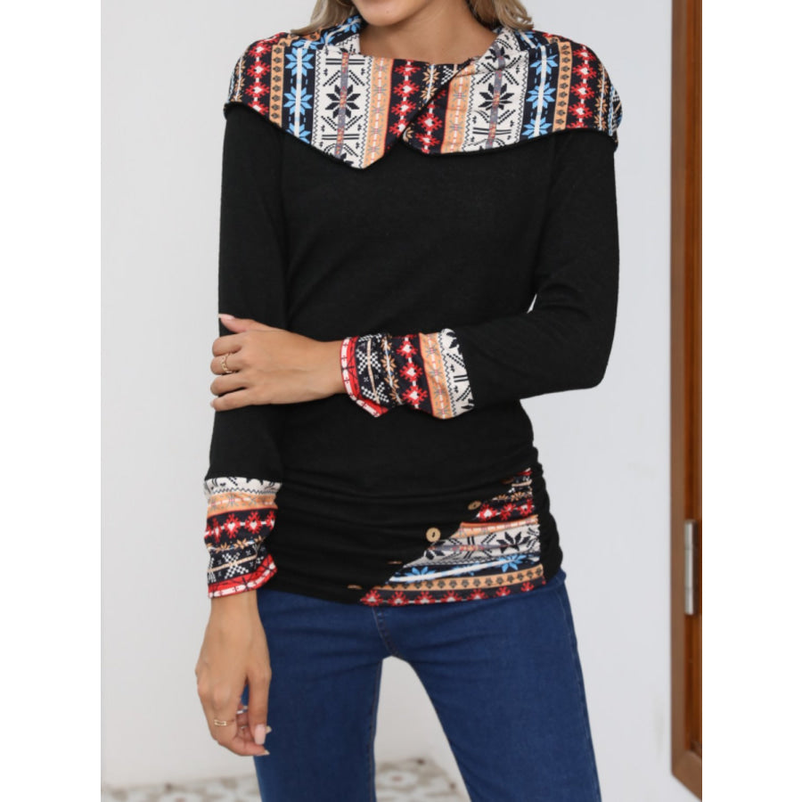 Printed Collared Neck Long Sleeve Blouse Apparel and Accessories