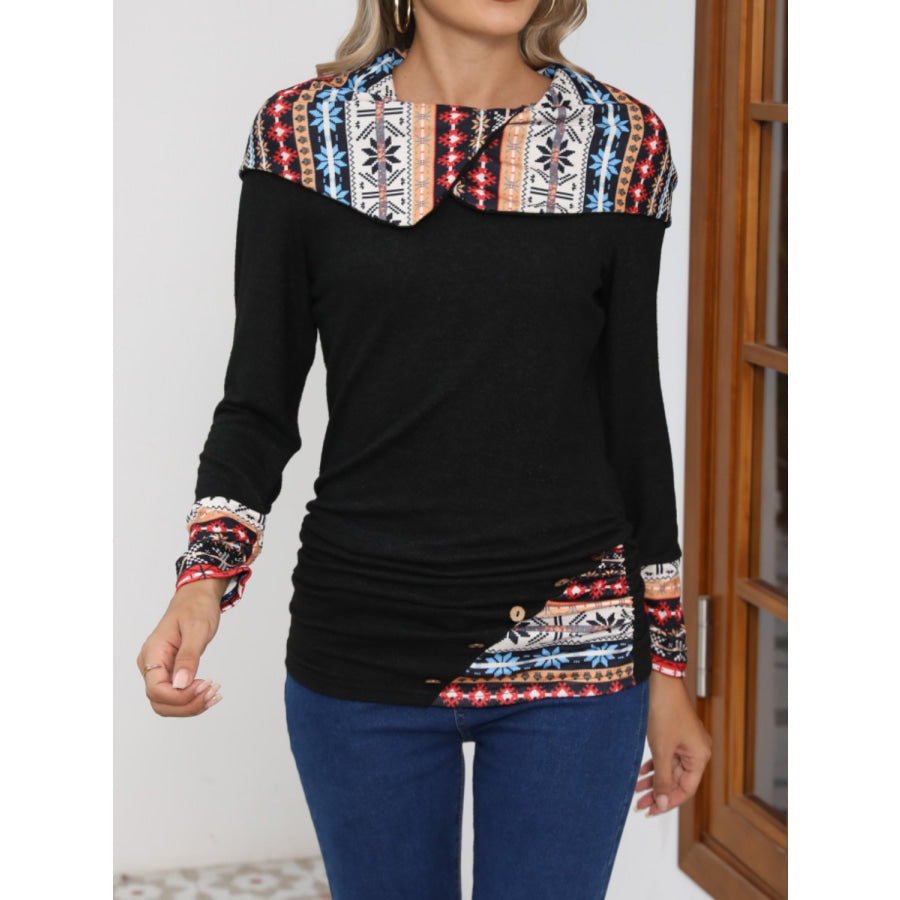 Printed Collared Neck Long Sleeve Blouse Black / S Apparel and Accessories