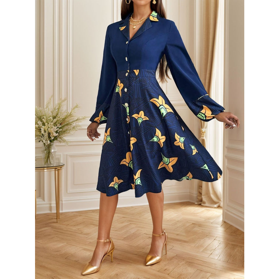 Printed Collared Neck Long Sleeve Dress Apparel and Accessories