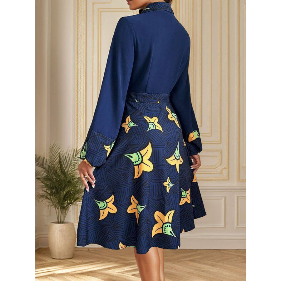 Printed Collared Neck Long Sleeve Dress Dark Blue / S Apparel and Accessories