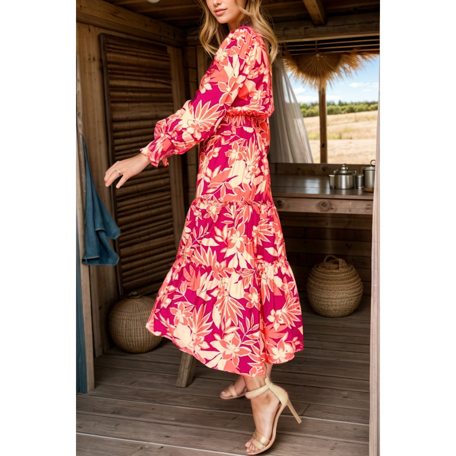 Printed Collared Neck Long Sleeve Dress Apparel and Accessories