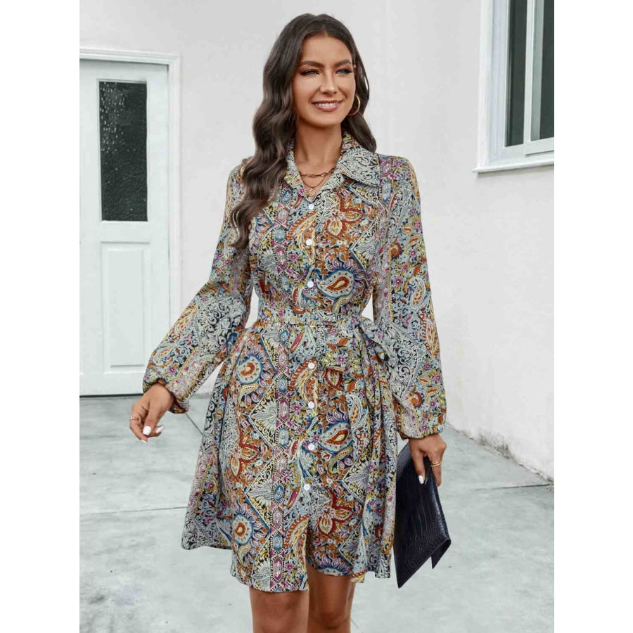 Printed Collared Neck Long Sleeve Dress Light Gray / S