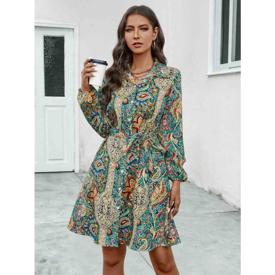 Printed Collared Neck Long Sleeve Dress Teal / S