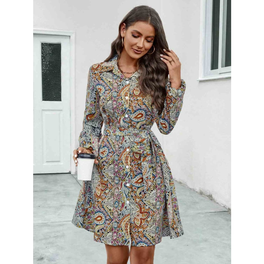 Printed Collared Neck Long Sleeve Dress