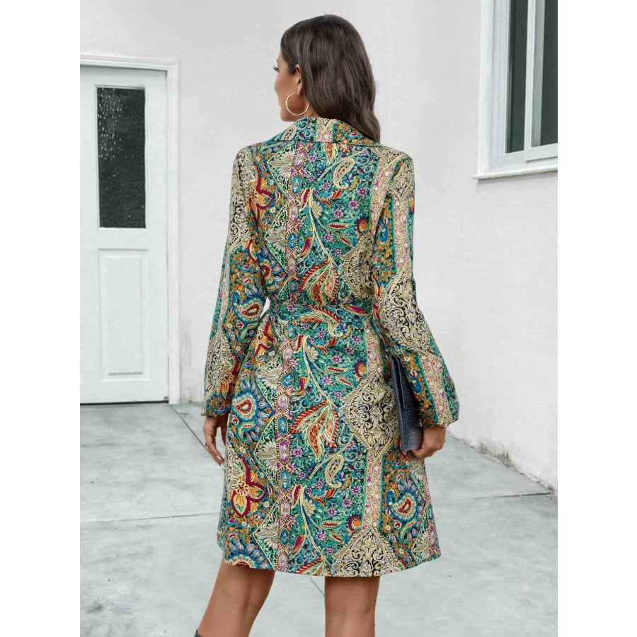 Printed Collared Neck Long Sleeve Dress