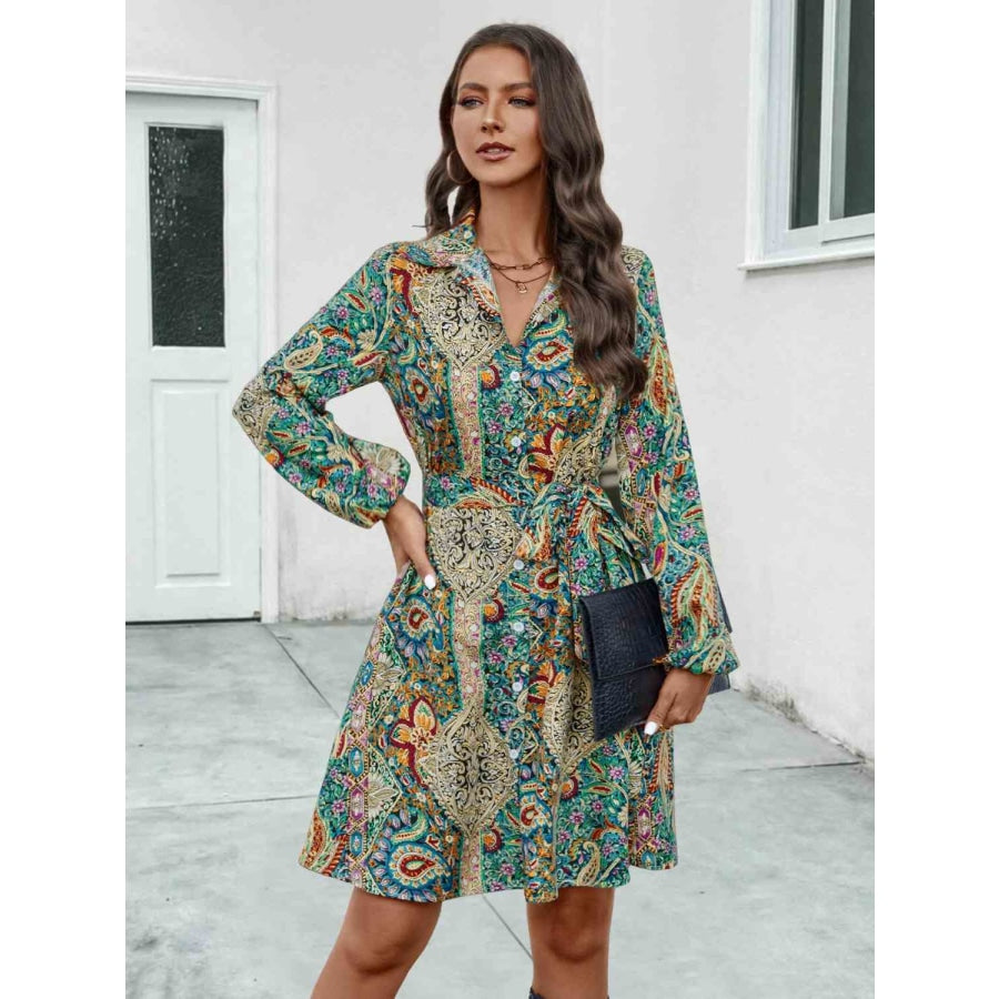 Printed Collared Neck Long Sleeve Dress