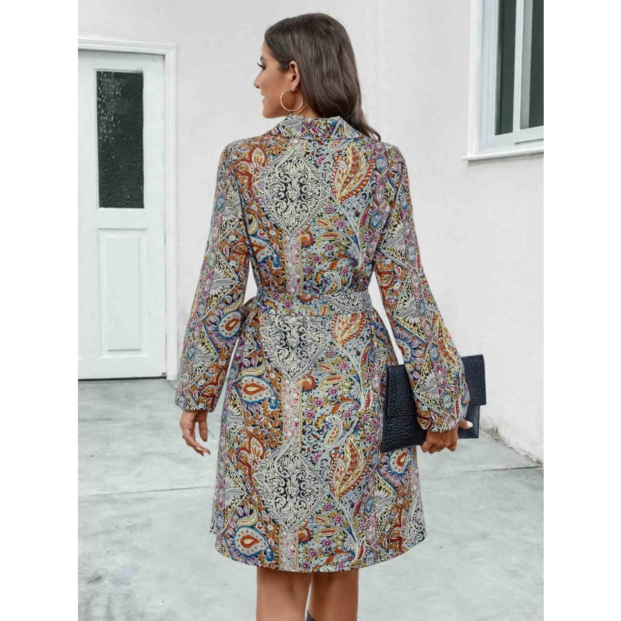 Printed Collared Neck Long Sleeve Dress