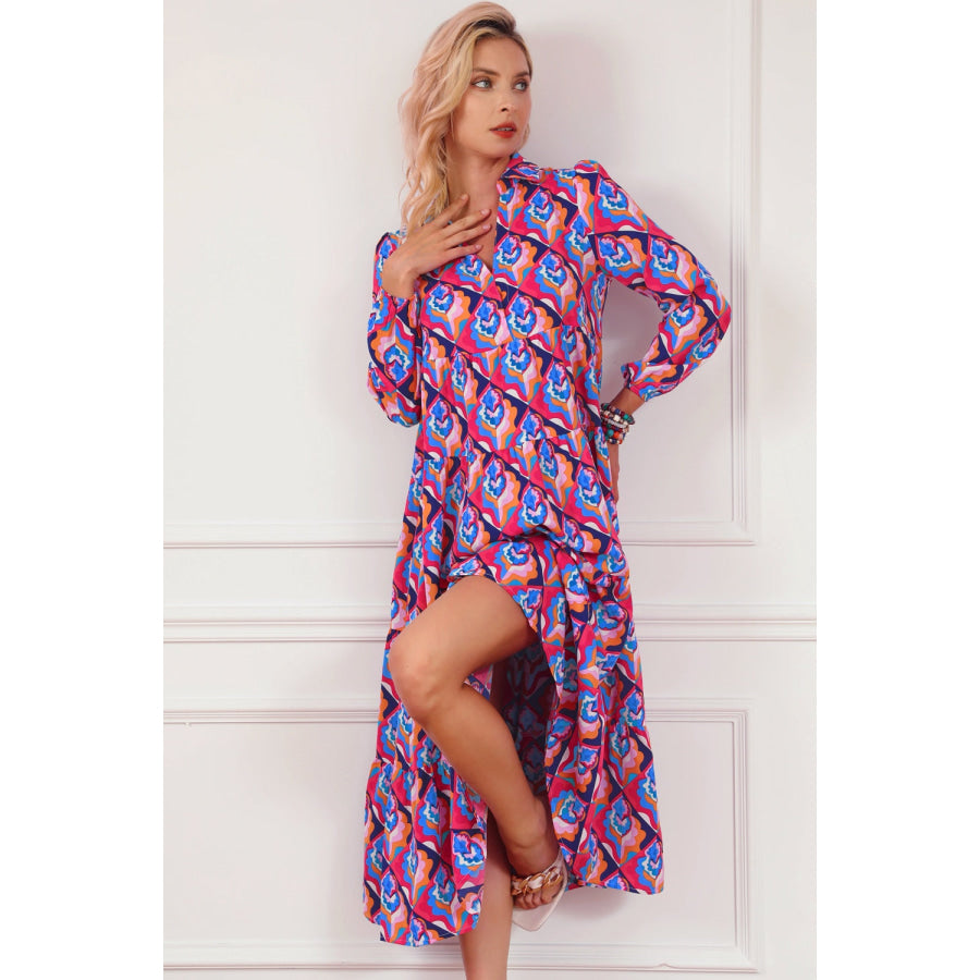 Printed Collared Neck Long Sleeve Midi Dress Vivid Violet / S Apparel and Accessories