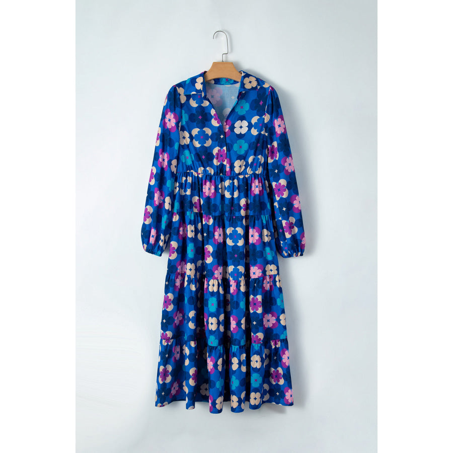 Printed Collared Neck Long Sleeve Midi Dress Apparel and Accessories