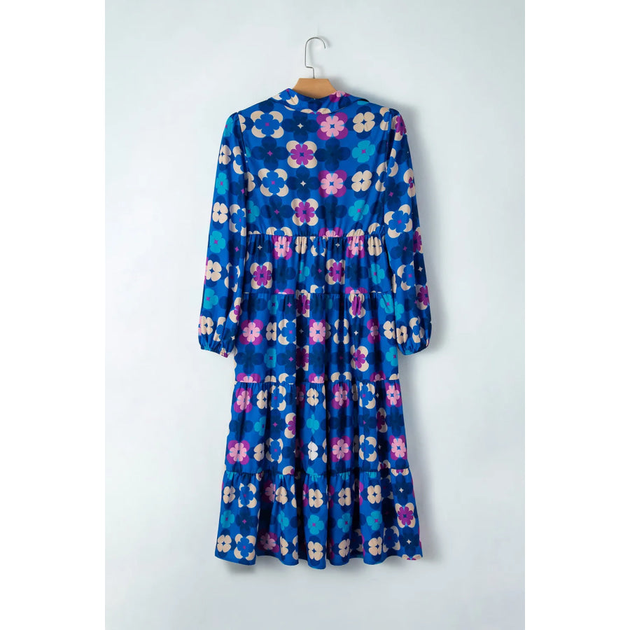 Printed Collared Neck Long Sleeve Midi Dress Apparel and Accessories