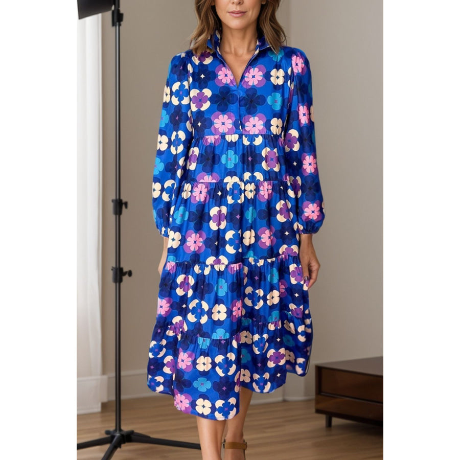 Printed Collared Neck Long Sleeve Midi Dress Navy / S Apparel and Accessories