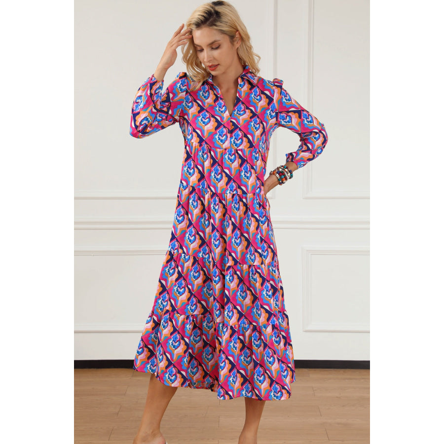 Printed Collared Neck Long Sleeve Midi Dress Vivid Violet / S Apparel and Accessories