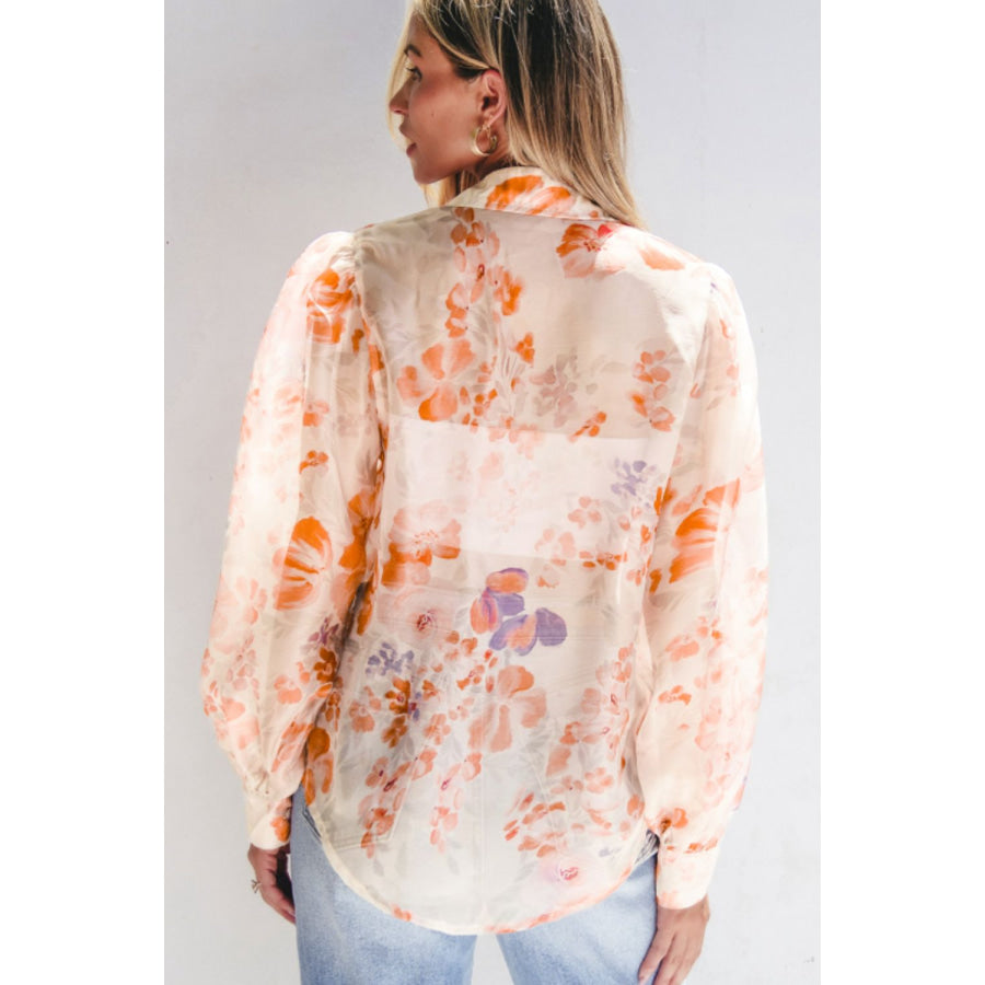 Printed Collared Neck Long Sleeve Shirt Apparel and Accessories