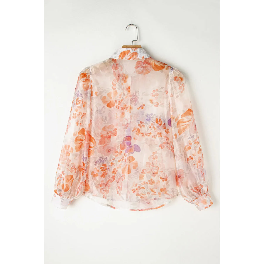 Printed Collared Neck Long Sleeve Shirt Sherbet / S Apparel and Accessories