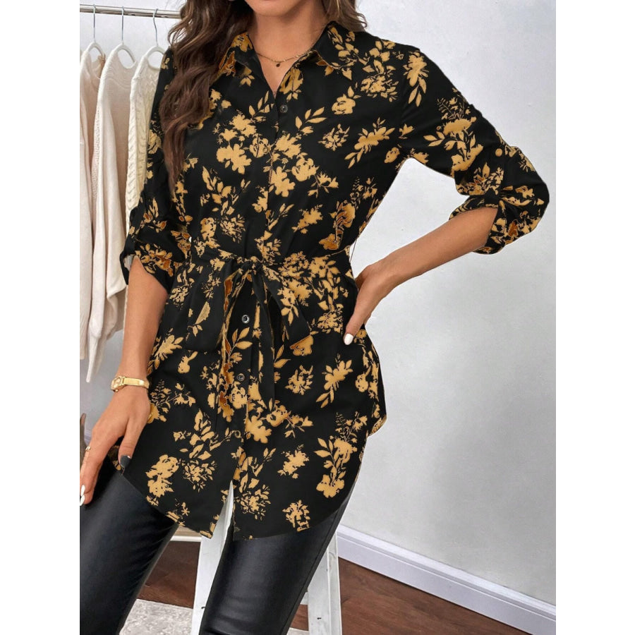 Printed Collared Neck Long Sleeve Shirt Apparel and Accessories