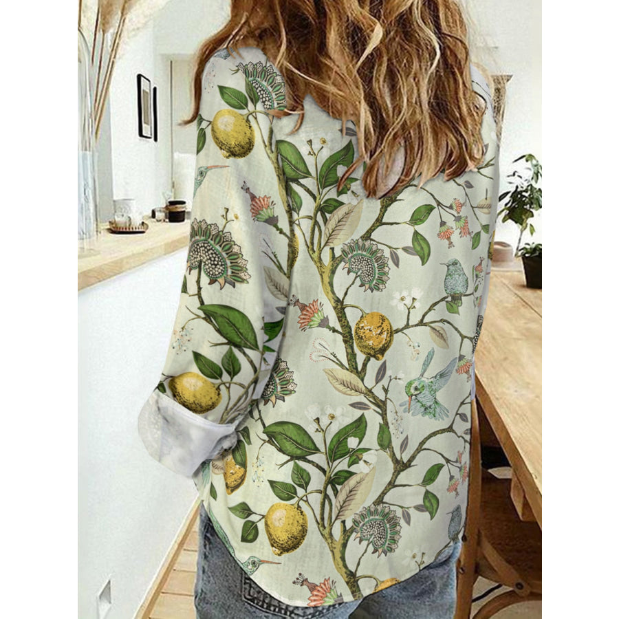 Printed Collared Neck Long Sleeve Shirt Light Green / S Apparel and Accessories