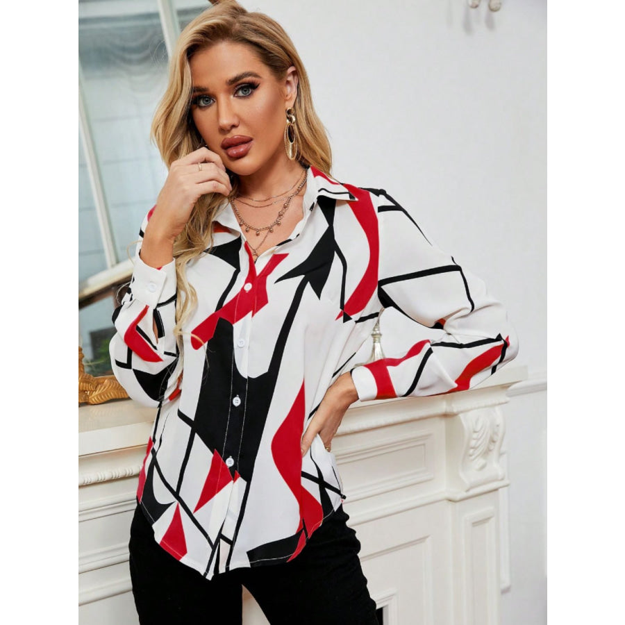 Printed Collared Neck Long Sleeve Shirt Apparel and Accessories