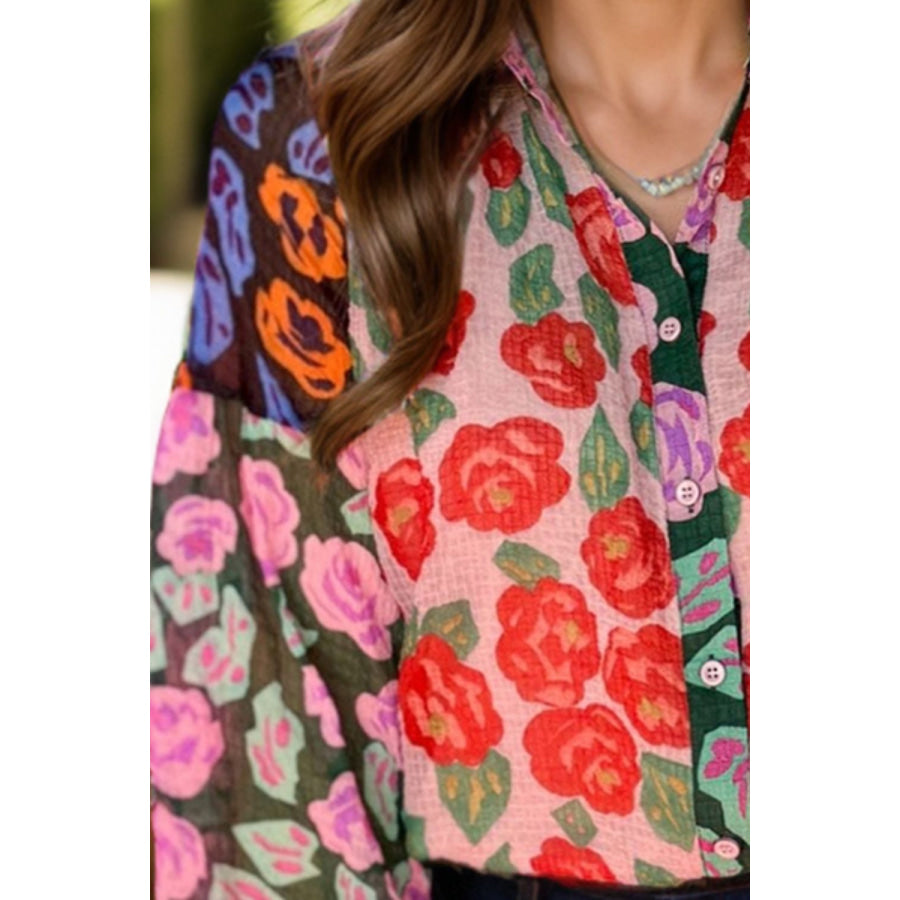 Printed Collared Neck Long Sleeve Shirt Floral / S Apparel and Accessories