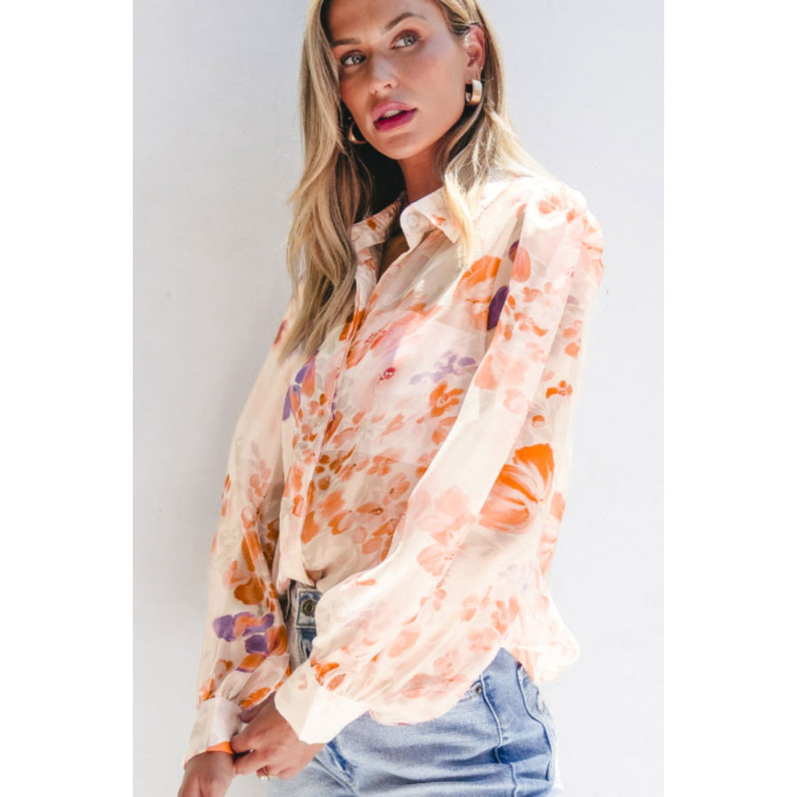 Printed Collared Neck Long Sleeve Shirt Apparel and Accessories