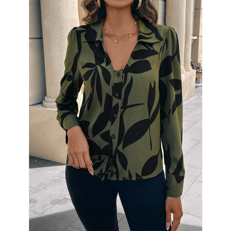 Printed Collared Neck Long Sleeve Shirt Apparel and Accessories