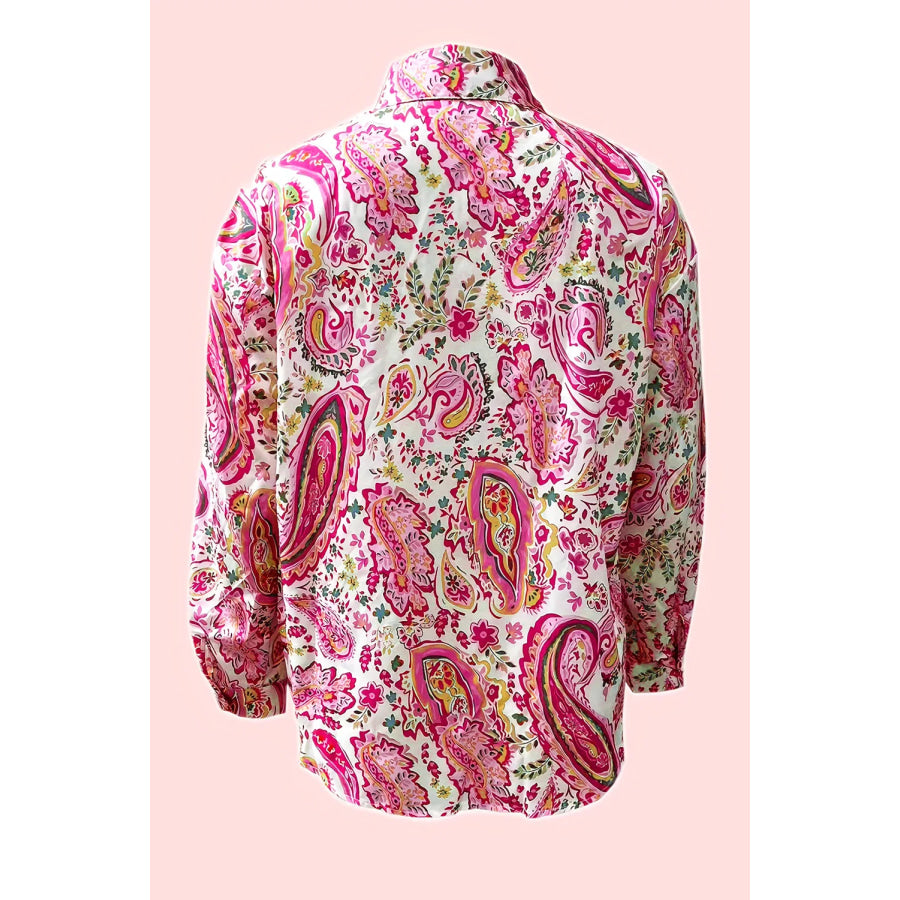 Printed Collared Neck Long Sleeve Shirt Pink / S Apparel and Accessories