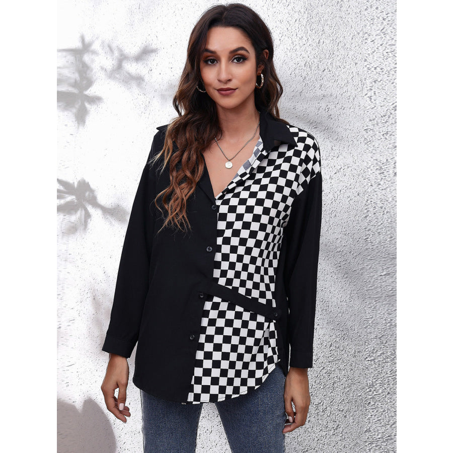 Printed Collared Neck Long Sleeve Shirt Black/White / S Apparel and Accessories