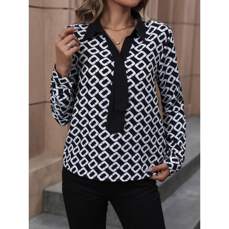 Printed Collared Neck Long Sleeve Shirt Black / S Clothing