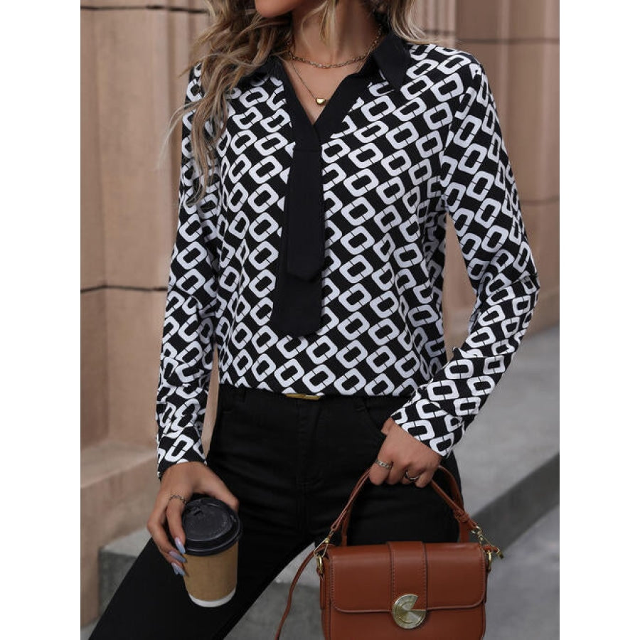 Printed Collared Neck Long Sleeve Shirt Clothing