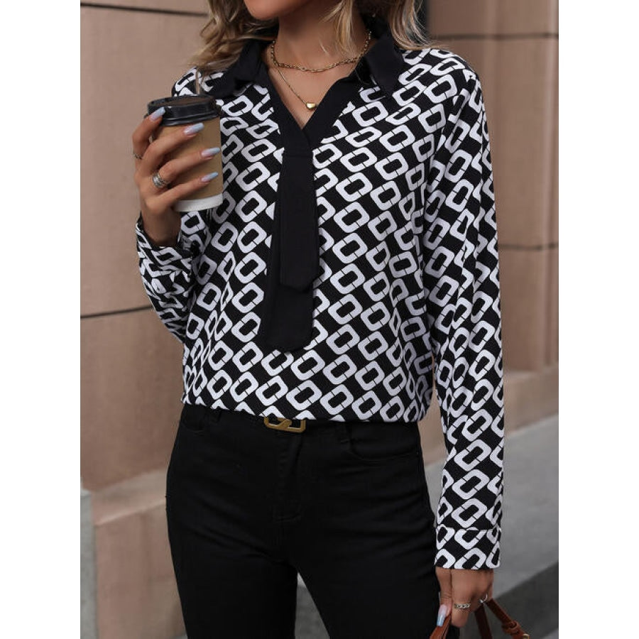 Printed Collared Neck Long Sleeve Shirt Clothing