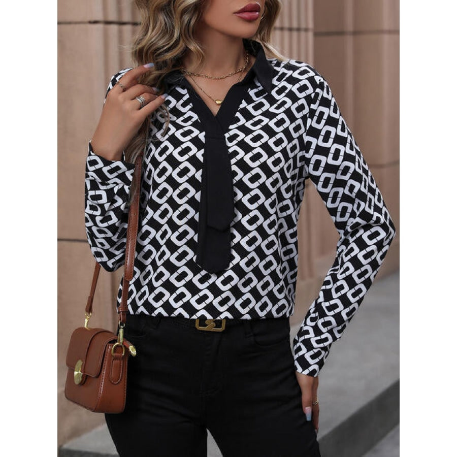 Printed Collared Neck Long Sleeve Shirt Clothing