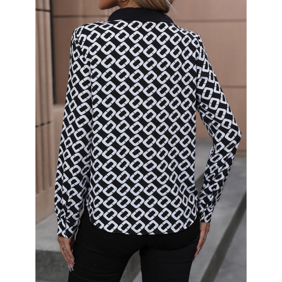 Printed Collared Neck Long Sleeve Shirt Clothing