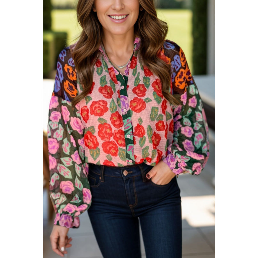 Printed Collared Neck Long Sleeve Shirt Floral / S Apparel and Accessories