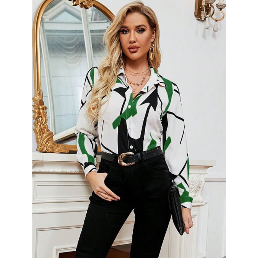 Printed Collared Neck Long Sleeve Shirt Green / S Apparel and Accessories