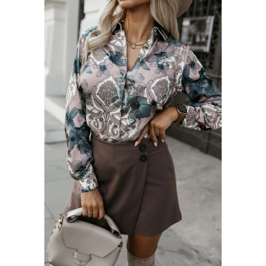 Printed Collared Neck Long Sleeve Shirt Light Gray / S Apparel and Accessories