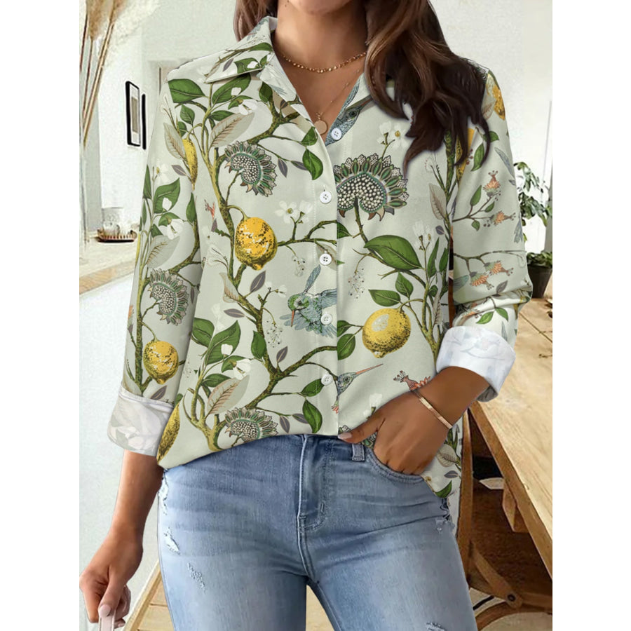 Printed Collared Neck Long Sleeve Shirt Light Green / S Apparel and Accessories