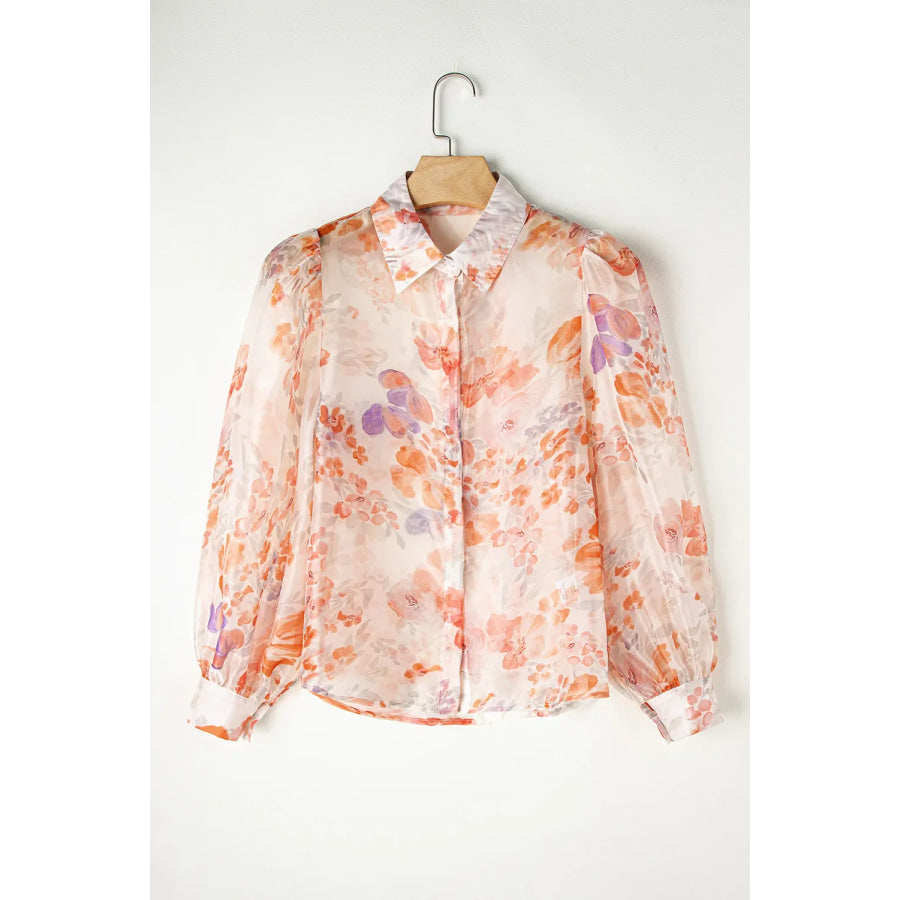 Printed Collared Neck Long Sleeve Shirt Sherbet / S Apparel and Accessories