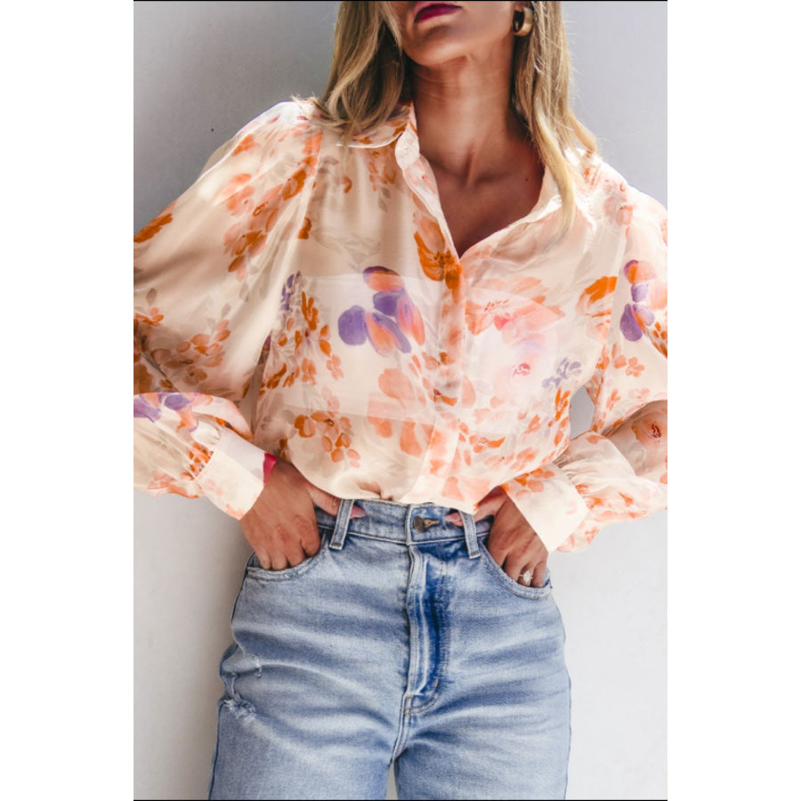 Printed Collared Neck Long Sleeve Shirt Sherbet / S Apparel and Accessories