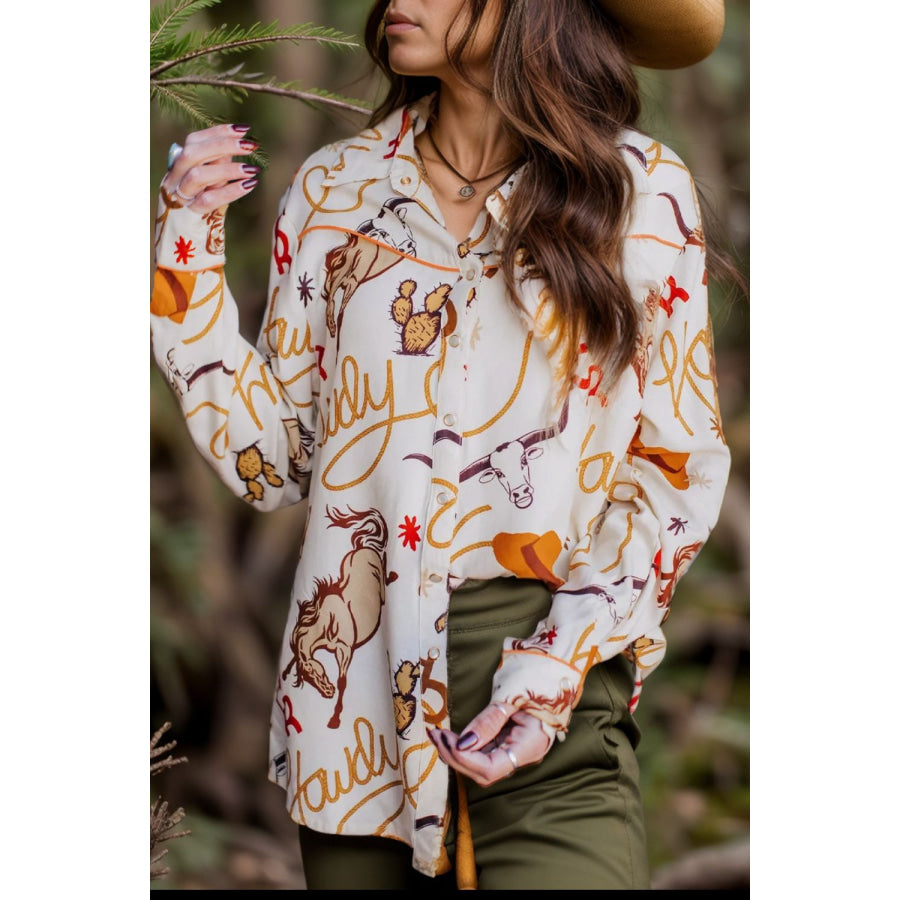 Printed Collared Neck Long Sleeve Shirt White / S Apparel and Accessories