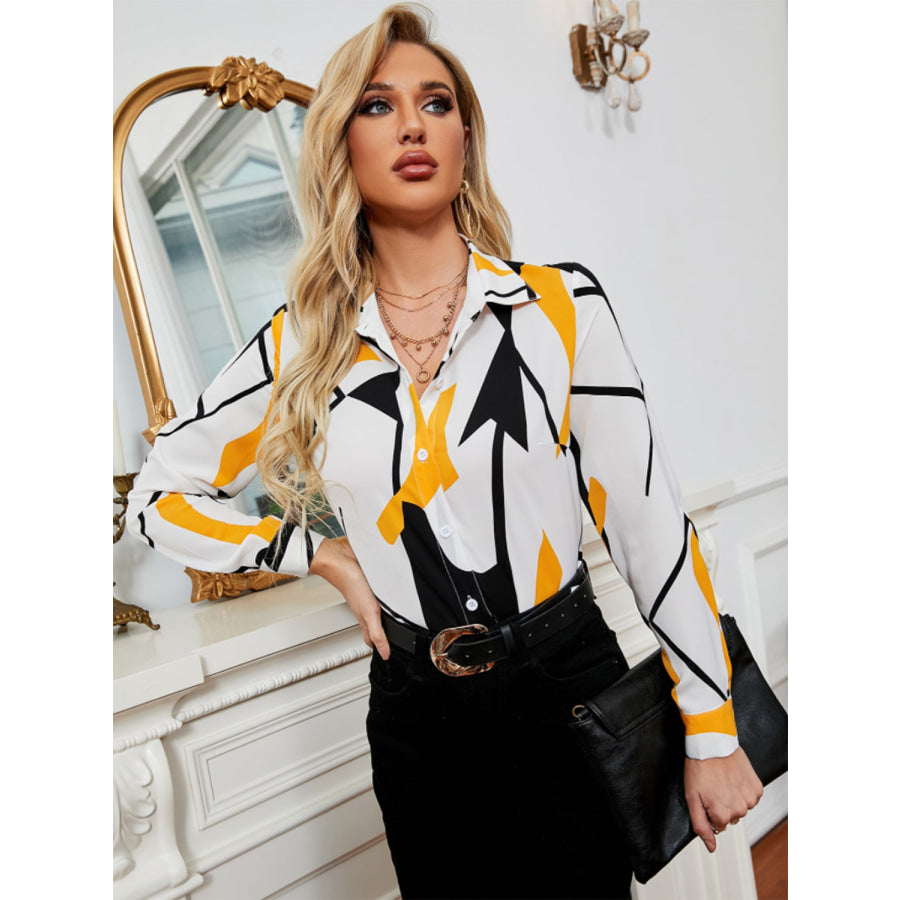 Printed Collared Neck Long Sleeve Shirt Yellow / S Apparel and Accessories