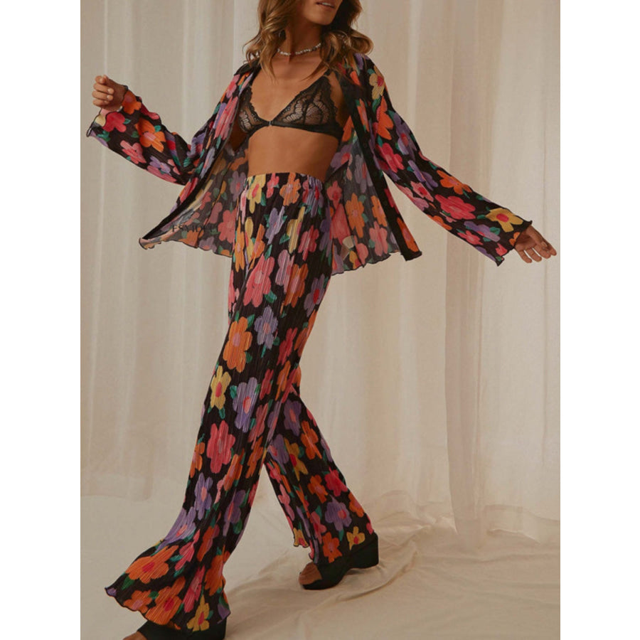 Printed Collared Neck Long Sleeve Top and Pants Lounge Set Apparel and Accessories