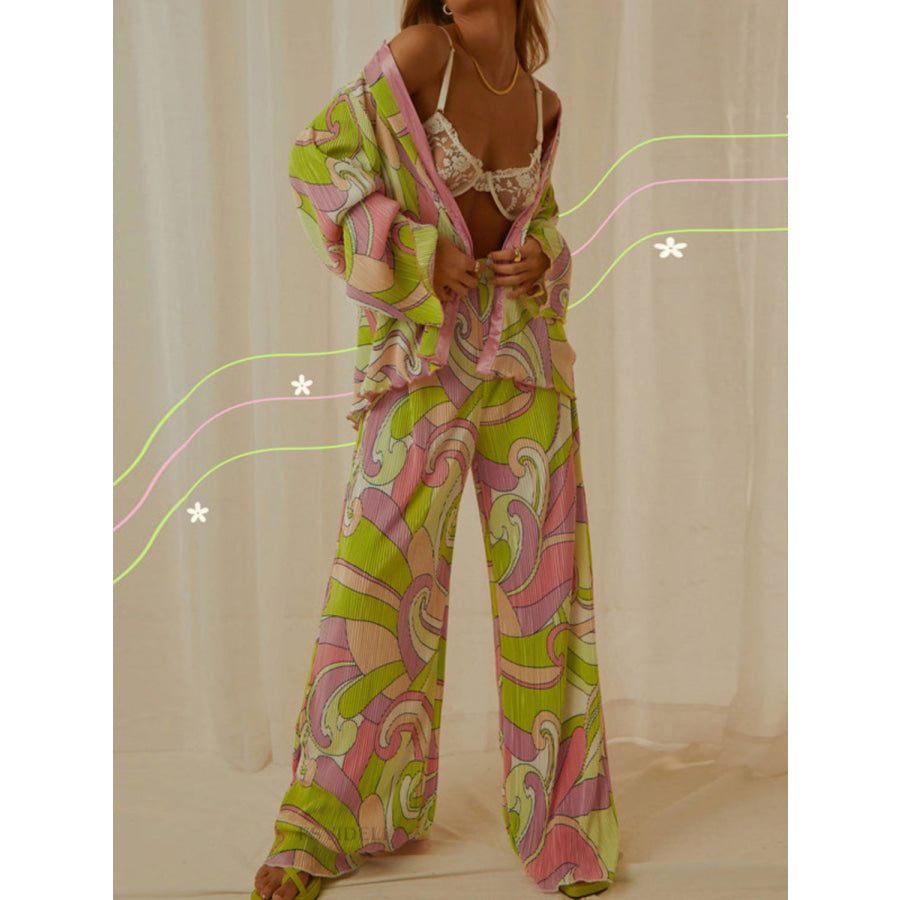 Printed Collared Neck Long Sleeve Top and Pants Lounge Set Apparel and Accessories